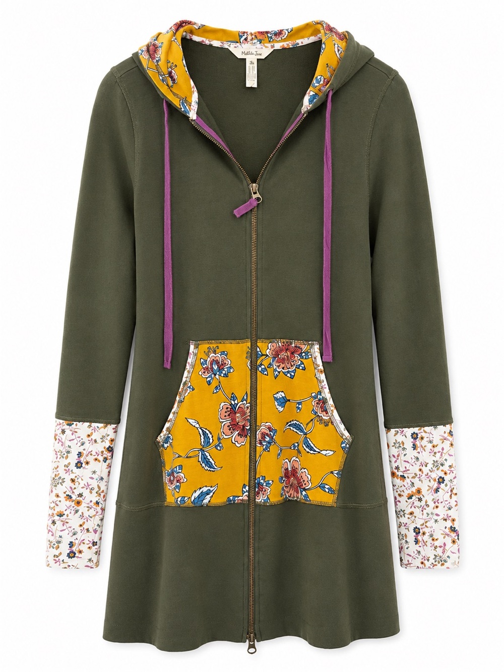 Matilda Jane Medium Olive Floral Zip Up Hoodie Tunic Jacket Boho French Terry